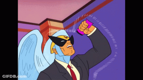 A Cartoon Of A Man In A Suit And Tie Holding A Purple Object GIF