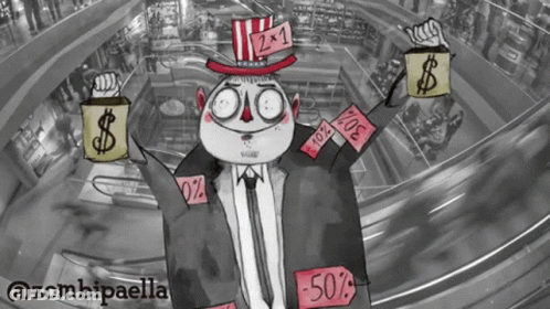A Cartoon Of A Man In A Suit And Tie Holding A Sign That Says -50 % GIF