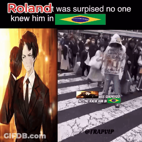 A Cartoon Of A Man In A Suit And Tie Next To A Picture Of A Crowd Of People GIF