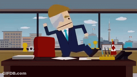A Cartoon Of A Man In A Suit And Tie Running Across An Office Desk GIF