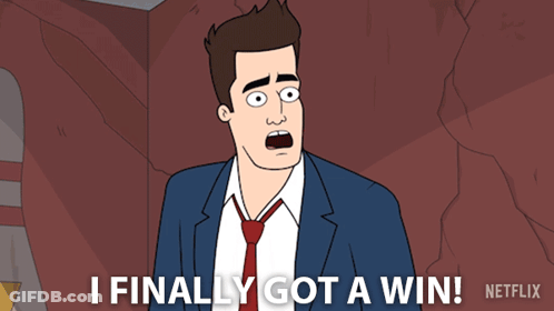 A Cartoon Of A Man In A Suit And Tie Saying I Finally Got A Win GIF