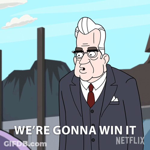 A Cartoon Of A Man In A Suit And Tie Says We 'Re Gonna Win It GIF