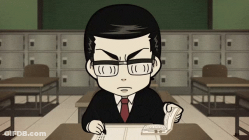 A Cartoon Of A Man In A Suit And Tie Sitting At A Desk Reading A Book GIF