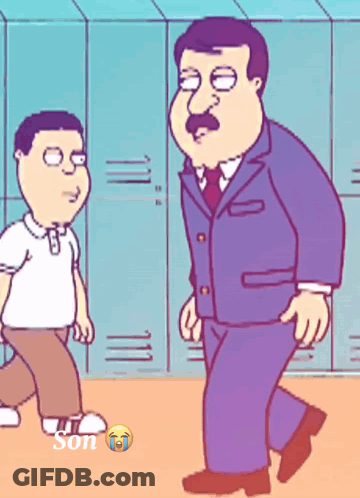 A Cartoon Of A Man In A Suit And Tie Standing Next To A Boy In A White Shirt GIF