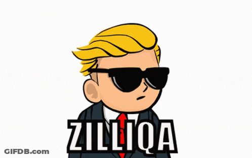 A Cartoon Of A Man In A Suit And Tie With The Word Zilliqa On The Top GIF