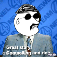 A Cartoon Of A Man In A Suit And Tie With The Words Great Story Compelling And Rich GIF