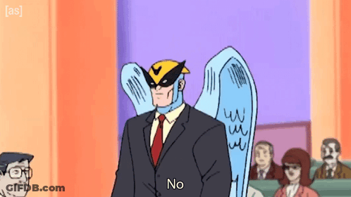 A Cartoon Of A Man In A Suit And Tie With Wings Saying No GIF
