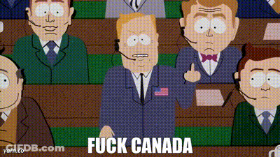 A Cartoon Of A Man In A Suit Giving The Middle Finger With The Words Fuck Canada Below Him GIF