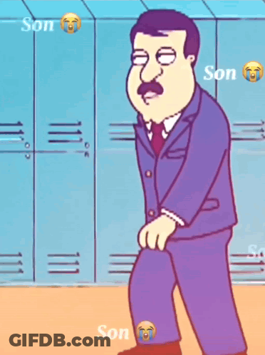 A Cartoon Of A Man In A Suit Standing In Front Of Lockers With Son Written On The Bottom Right GIF