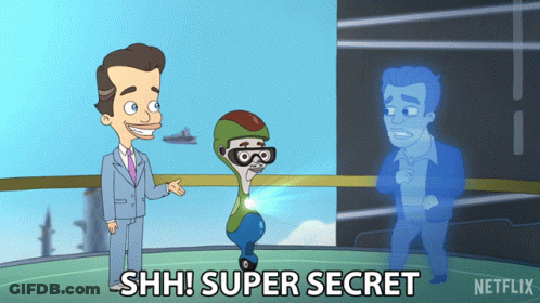 A Cartoon Of A Man In A Suit Standing Next To A Ghost With The Words " Shh Super Secret " On The Bottom GIF