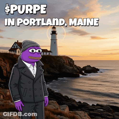 A Cartoon Of A Man In A Suit Standing On A Cliff Near The Ocean With The Words Purpe In Portland Maine Above Him GIF