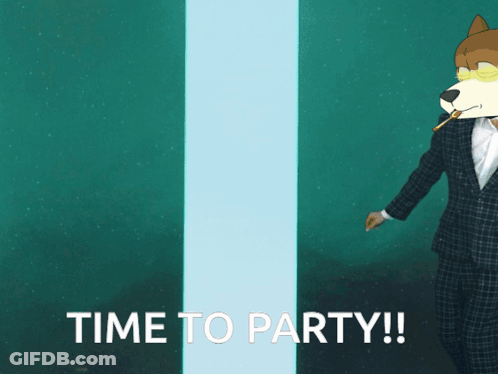 A Cartoon Of A Man In A Suit With A Dog Head And The Words Time To Party GIF