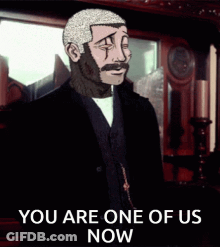 A Cartoon Of A Man In A Suit With The Words You Are One Of Us Now GIF