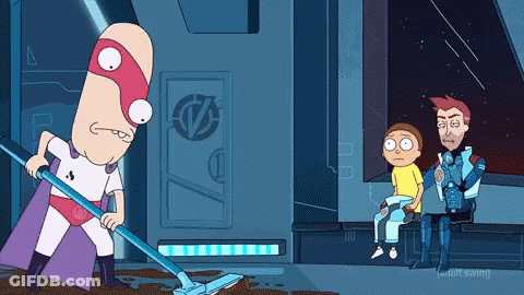 A Cartoon Of A Man In A Superhero Costume Holding A Mop In Front Of A Sign That Says Adult Swim GIF