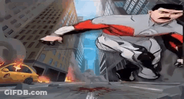 A Cartoon Of A Man In A Superhero Costume Jumping In The Air In A City . GIF