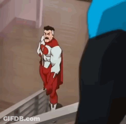 A Cartoon Of A Man In A Superhero Costume Standing On A Railing . GIF