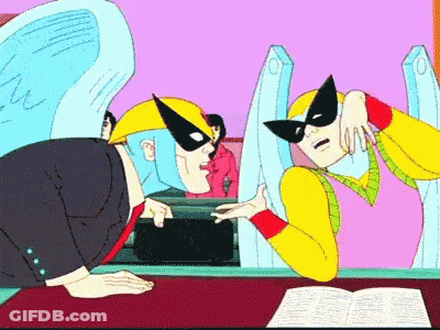 A Cartoon Of A Man In A Superhero Costume Talking To Another Man GIF