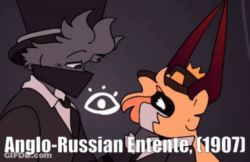 A Cartoon Of A Man In A Top Hat And A Bird With The Words Anglo-Russian Entente 1907 GIF