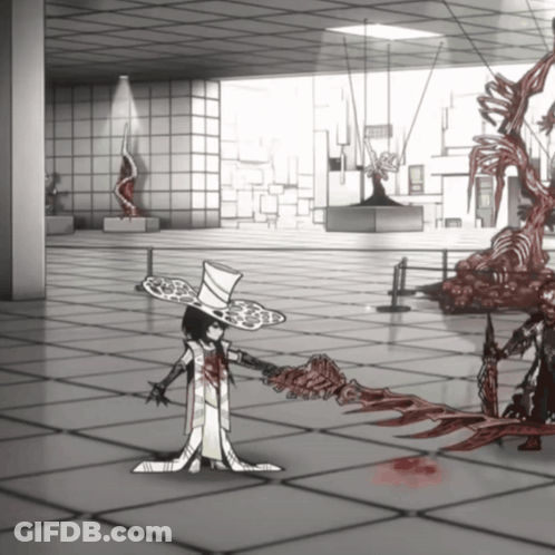 A Cartoon Of A Man In A Top Hat Holding A Bloody Sword GIF