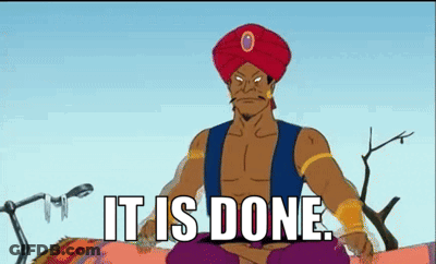 A Cartoon Of A Man In A Turban Sitting On A Carpet With The Words It Is Done Below Him . GIF
