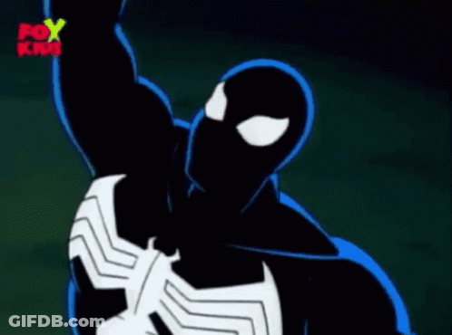 A Cartoon Of A Man In A Venom Suit Flying Through The Air With His Arms Outstretched . GIF