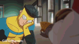 A Cartoon Of A Man In A Yellow And Blue Superhero Costume With Glasses Resting His Head On His Hand . GIF