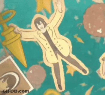 A Cartoon Of A Man In A Yellow Coat Floating In The Air With His Arms Outstretched . GIF