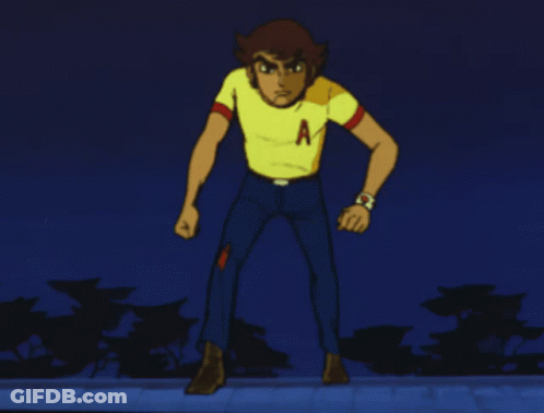 A Cartoon Of A Man In A Yellow Shirt With A Red Armband On His Arm GIF