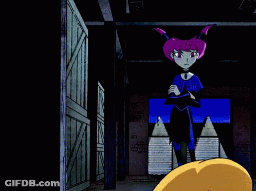 A Cartoon Of A Man In A Yellow Suit And A Girl In A Blue Suit Standing Next To Each Other GIF