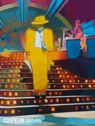 A Cartoon Of A Man In A Yellow Suit And Hat GIF