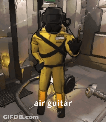 A Cartoon Of A Man In A Yellow Suit Giving The Middle Finger With The Words Air Guitar Below Him GIF
