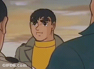 A Cartoon Of A Man In A Yellow Sweater Standing Next To Two Men . GIF