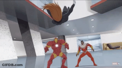 A Cartoon Of A Man In An Iron Man Suit Standing Next To A Man In A Falcon Suit GIF