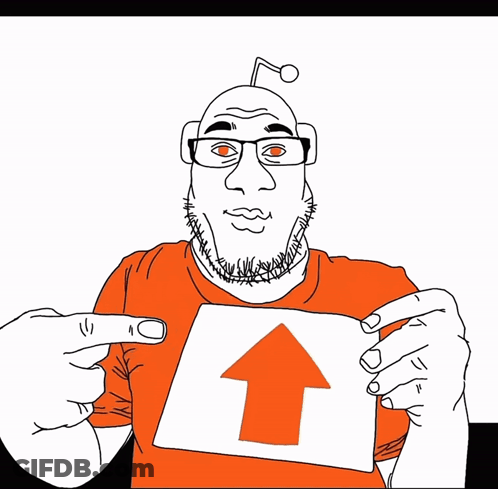 A Cartoon Of A Man In An Orange Shirt With A Picture Of Another Man In The Background GIF