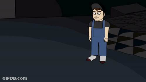 A Cartoon Of A Man In Blue Overalls Standing In The Dark GIF