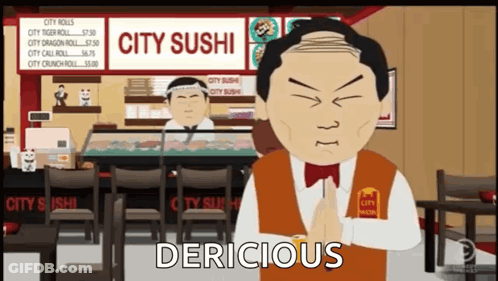 A Cartoon Of A Man In Front Of A City Sushi Sign GIF
