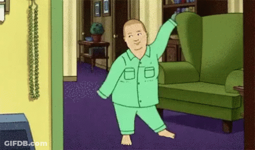 A Cartoon Of A Man In Pajamas Dancing In A Living Room . GIF