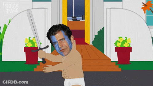 A Cartoon Of A Man In Underwear Holding A Sword In Front Of A South Park Sign GIF