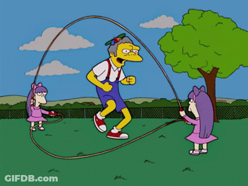 A Cartoon Of A Man Jumping A Jump Rope With Two Girls Behind Him GIF