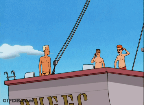 A Cartoon Of A Man Jumping Off A Boat With The Word Que On The Side GIF