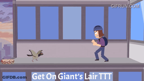 A Cartoon Of A Man Kicking A Bird With The Words Get On Giant 'S Lair Ttt Below Him GIF