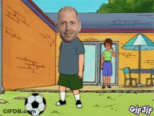 A Cartoon Of A Man Kicking A Soccer Ball With The Words Gif Jif On The Bottom Right GIF