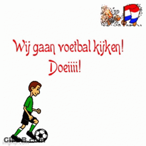 A Cartoon Of A Man Kicking A Soccer Ball With The Words Wij Gaan Voetbal Kijken Doeiiiil GIF