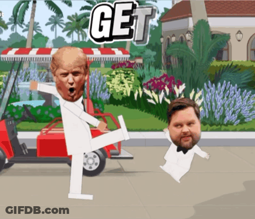 A Cartoon Of A Man Kicking Another Man With The Word Get Behind Them GIF