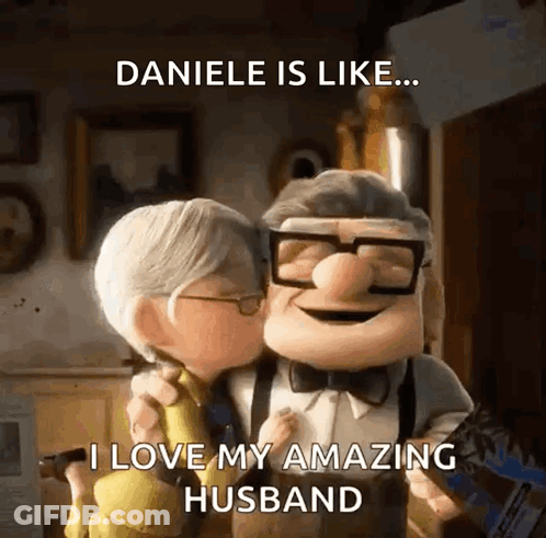 A Cartoon Of A Man Kissing A Woman With The Caption Daniele Is Like I Love My Amazing Husband GIF