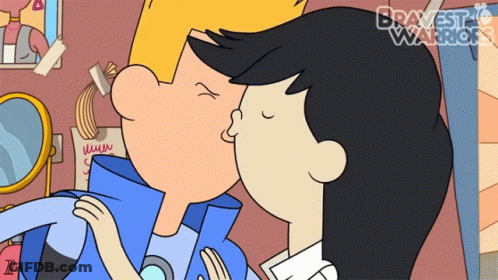 A Cartoon Of A Man Kissing Another Man With The Words Bravest Warriors On The Bottom Right GIF