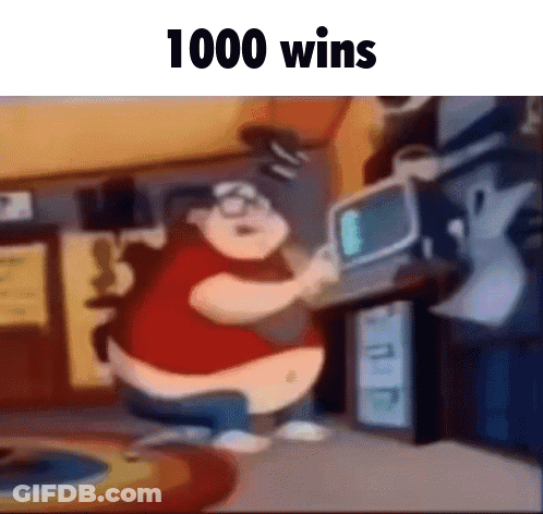 A Cartoon Of A Man Kneeling Down In Front Of A Computer With The Words `` 1000 Wins '' Written On The Bottom . GIF
