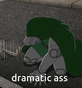 A Cartoon Of A Man Kneeling Down With Dramatic Ass Written Below Him GIF