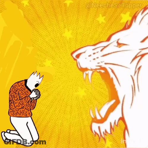A Cartoon Of A Man Kneeling In Front Of A Lion With The Hashtag Neechese Topper GIF