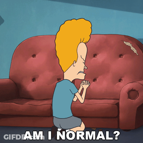 A Cartoon Of A Man Kneeling In Front Of A Red Couch With The Words Am I Normal GIF